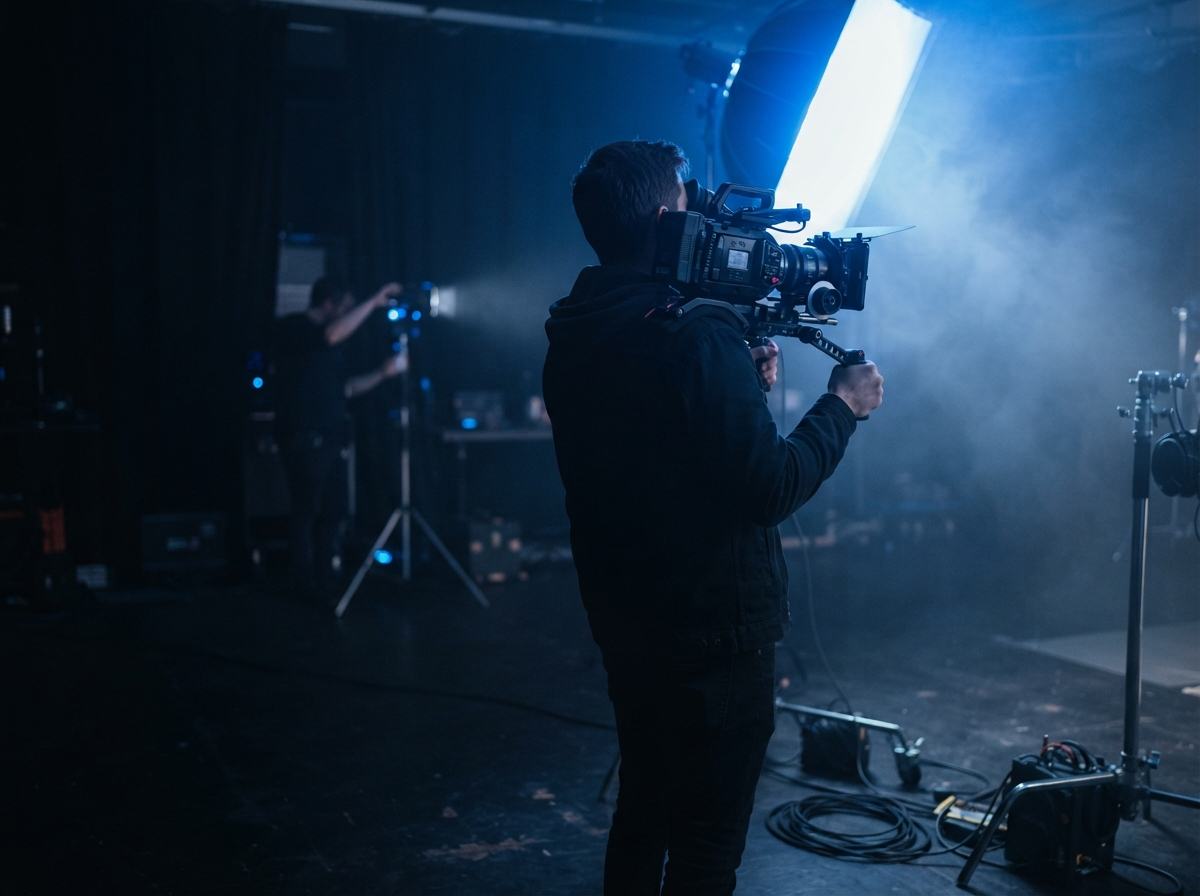 A videographer operating a cinema camera on a lit studio set